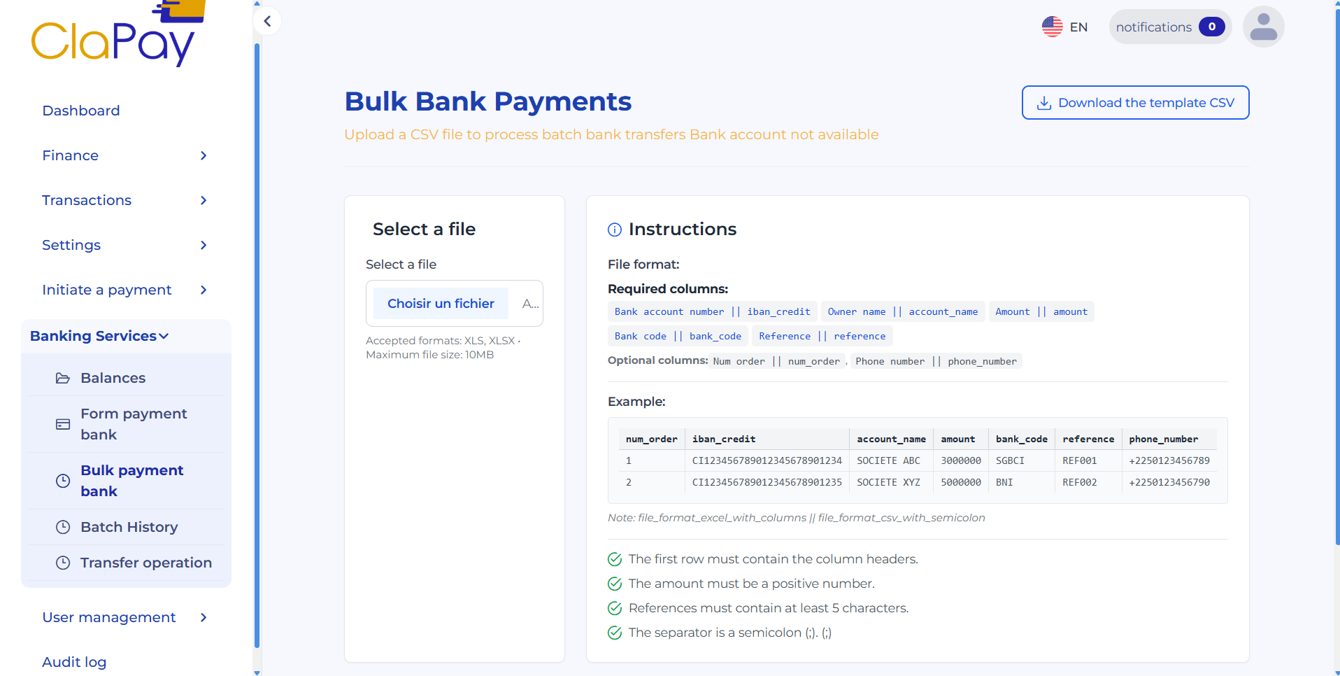 File upload for bulk bank payments