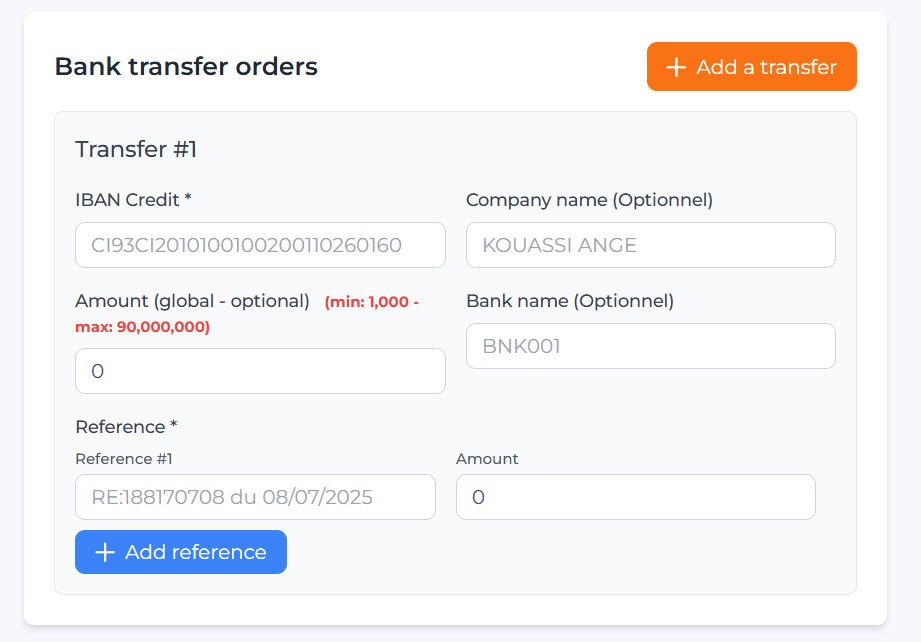 Bank transfer payment form