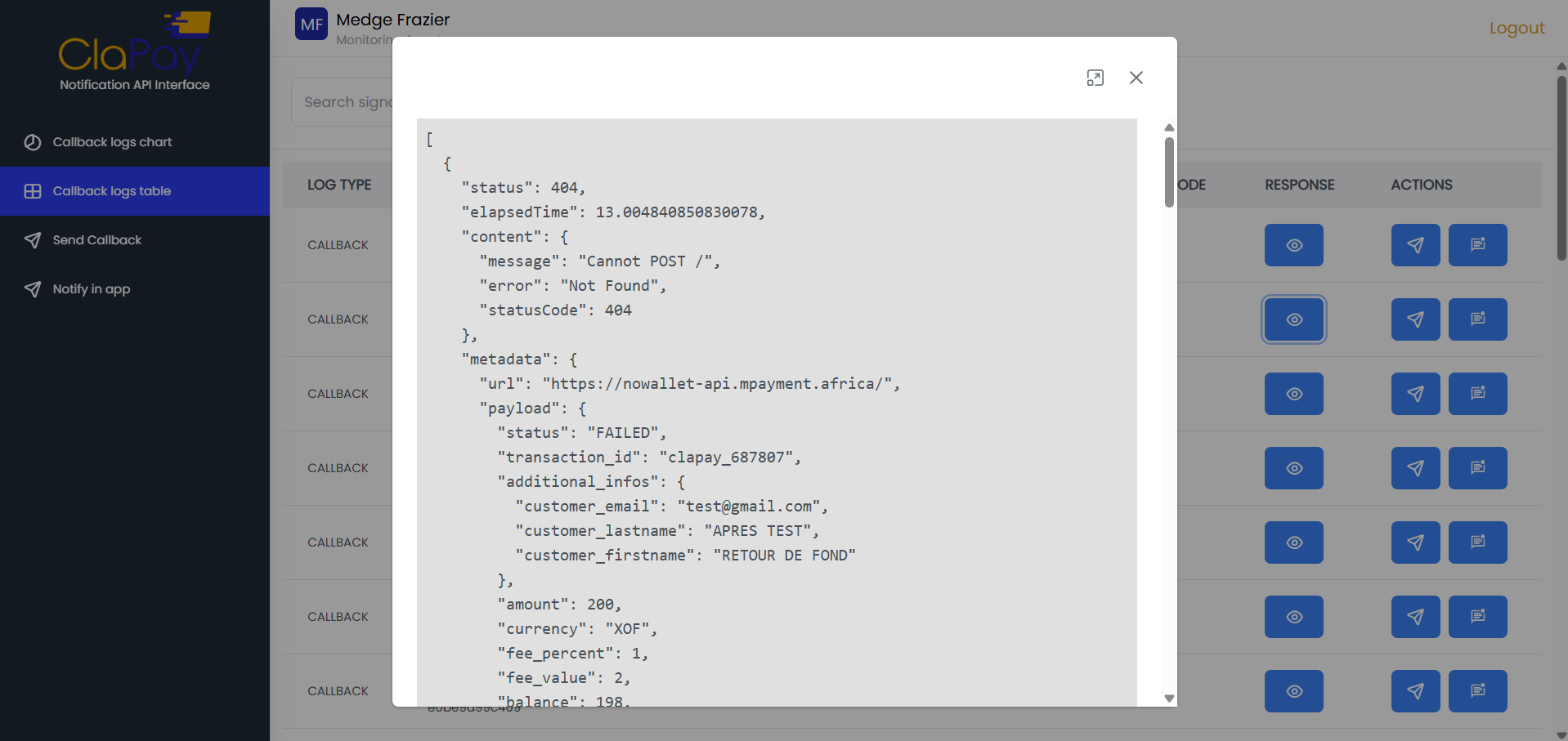 View Callback Log Details