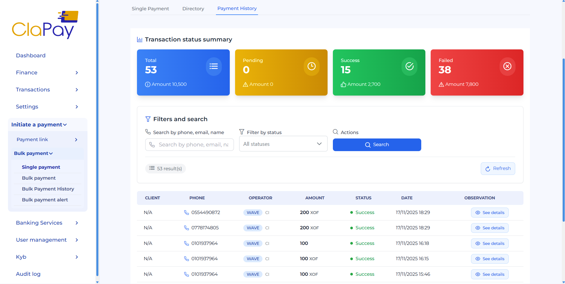 Historique des paiements