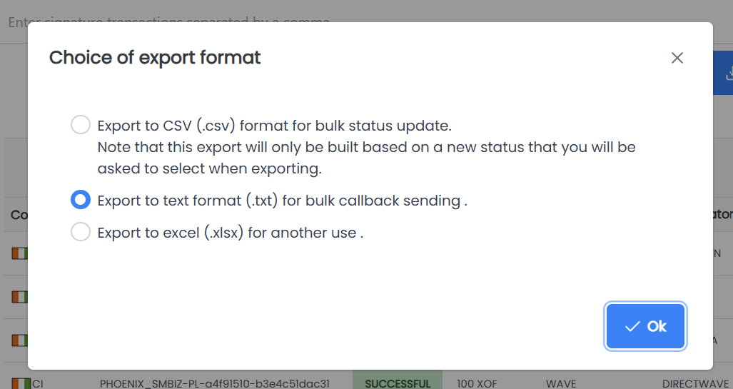 Choose the export format